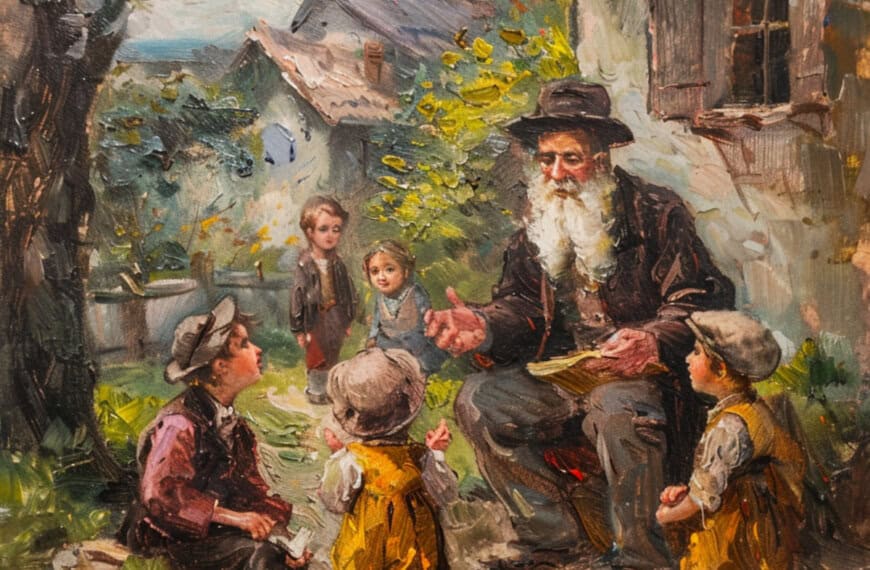 Stary Żyd opowiada historie żydowskim dzieciom z miasteczka