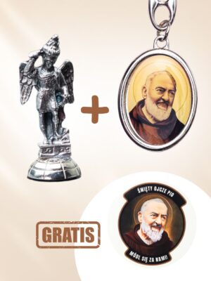 Figurka św. Michała Archanioła + brelok z ojcem Pio i św. Krzysztofem + gratis: nalepka z ojcem Pio