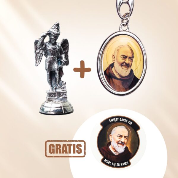 Figurka św. Michała Archanioła + brelok z ojcem Pio i św. Krzysztofem + gratis: nalepka z ojcem Pio